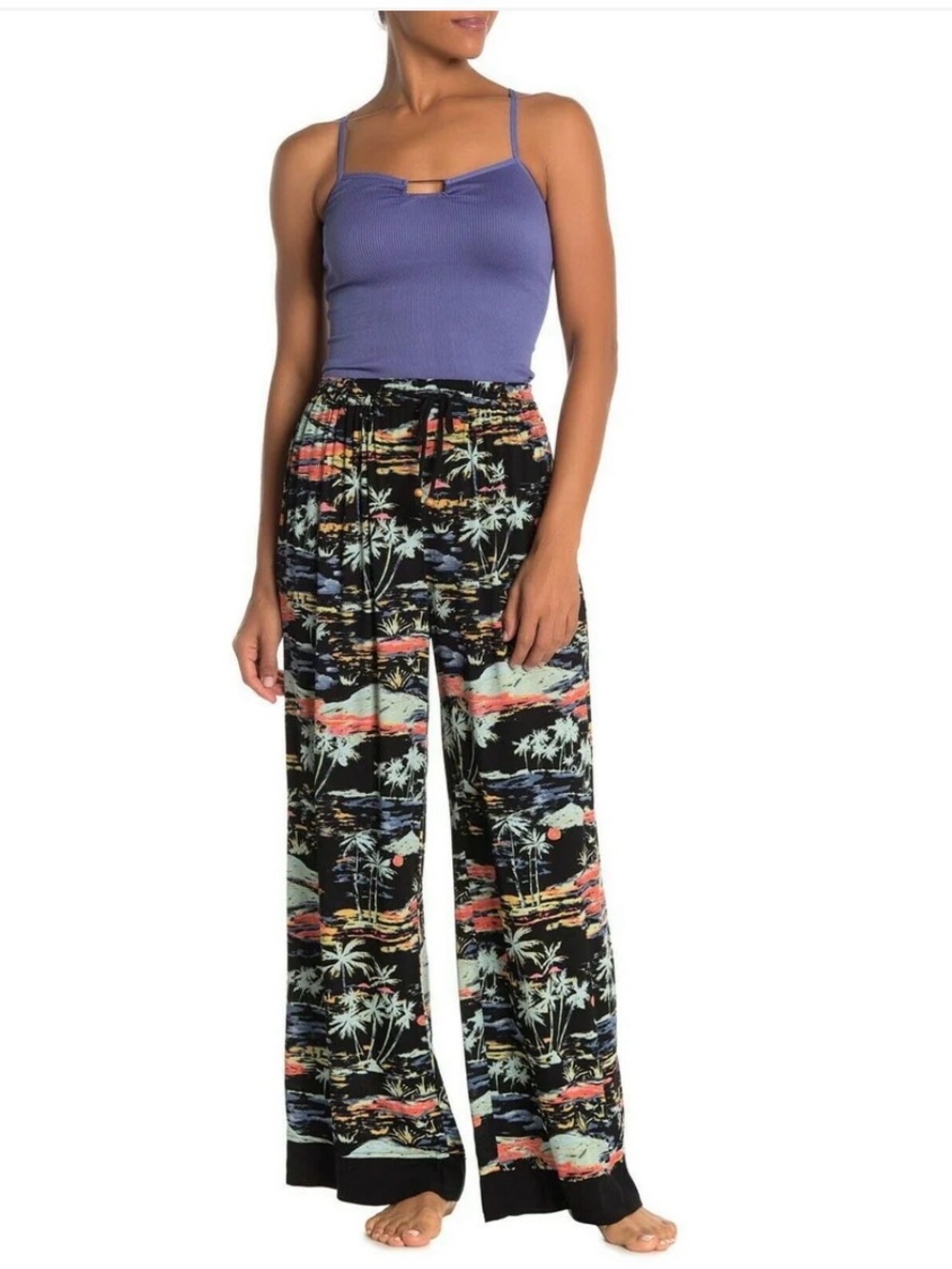 Free People lagoon Black Multi Tropical Wide-Leg Pants